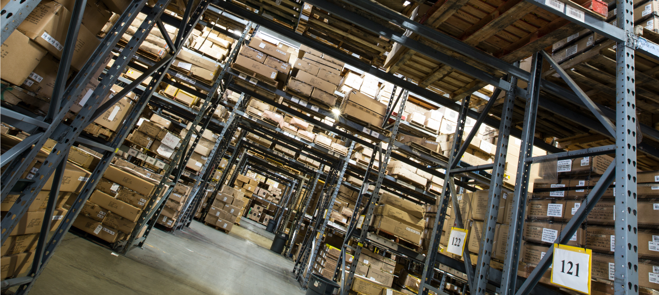 warehouse shelves of boxes